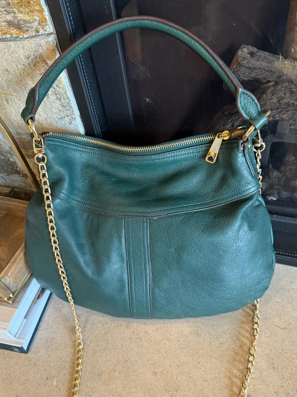 Ralph Lauren Forest Green Leather Shoulder Bag with Gold Hardware